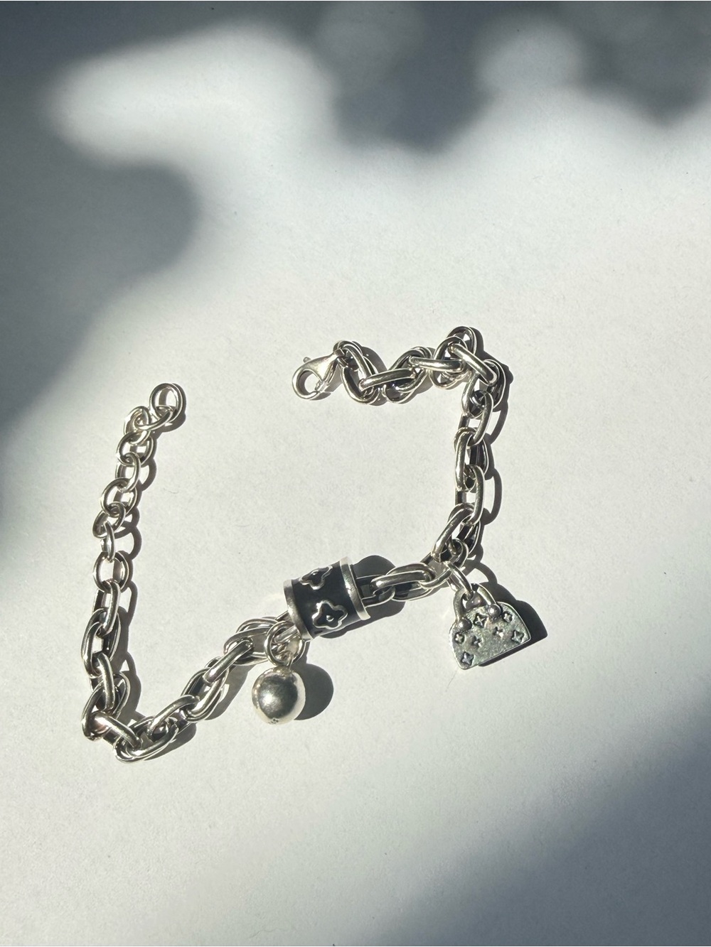 Sterling Silver Heart Charm Chain Bracelet - Silver